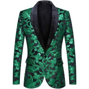 Men Fashion Velvet Sequins Floral Pattern Suit Jacket Blazer
